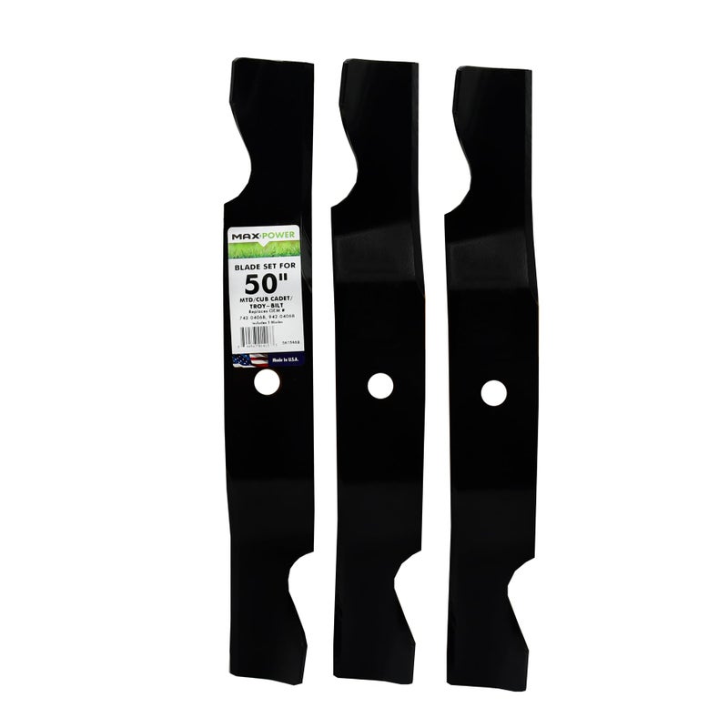 Maxpower ماكس باور 561546B 3 شفرات ثقيلة لتحمل للعديد من جزازات العشب 50 بوصة MTD، كاب كاديت، تروي-بيلت تستبدل OEM #'s 742-04068، 759-04047، 759-4047، 942-04068 سوداء - Image 1